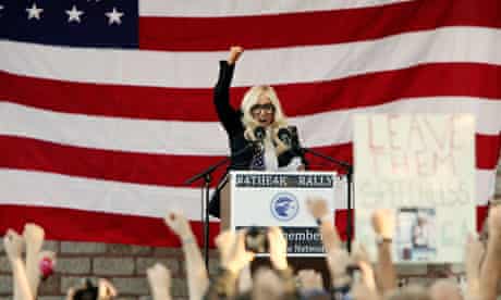 Singer Lady Gaga speaks at a rally in Portland Maine
