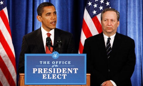 Larry Summers flanks Barack Obama