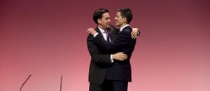 Labour party: Labour Party leader Ed Miliband hugs his brother David Miliband, onstage 