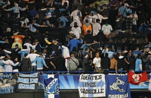 Champions League: A crowd of Olympique Marseille fans embrace each other