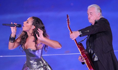 Jimmy Page plays during the Beijing Olympics closing ceremony