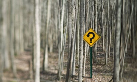 Yellow caution sign with question mark in forest 