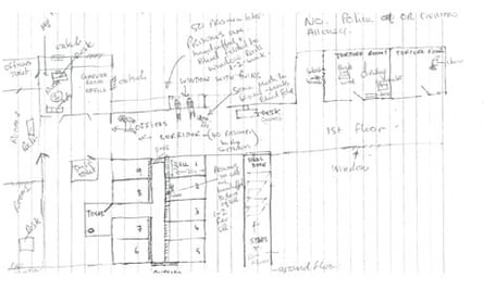 Hand-drawn plan of the Task Force for Interrogation Cell