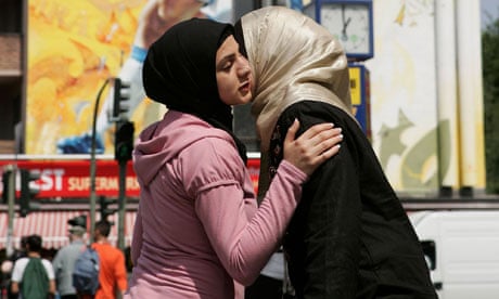 Two Muslim women greet each other in Berlin
