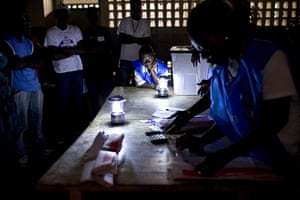 24 hours: Monrovia, Liberia: Election officials count ballots after voting