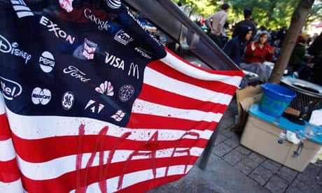 A flag made by Occupy Wall Street campaign demonstrators