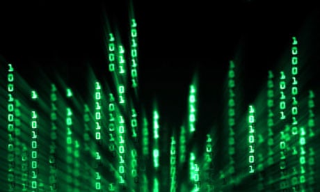 Glowing binary code data digits flowing on computer display