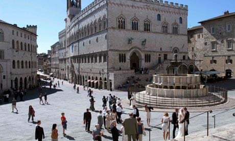 A general view of Priori Palace and Maggiore fountain in downtown Perugia