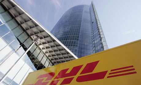 A DHL truck outside the headquarters of Deutsche Post AG.