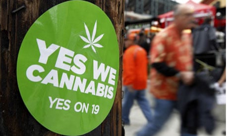 A sticker to support proposition 19, a measure to legalize marijuana in the state of California