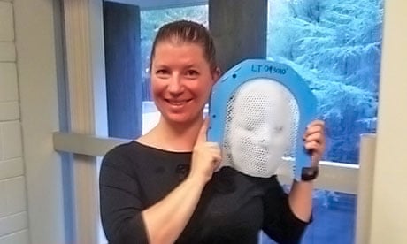 Kayt Sukel with an 'orgasm mask' for use in an MRI scanner