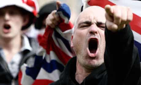 English Defence League supporters chant during  a demonstration in Bradford