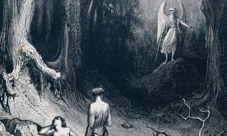 Engraving by Gustave Dore depicting Adam, Eve and the Archangel Michael from Paradise Lost
