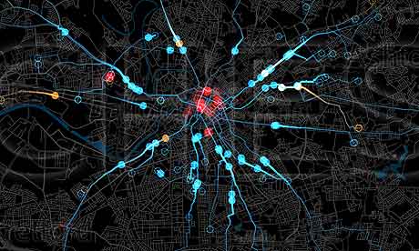 UK riots distance map Manchester