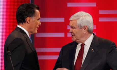 Newt Gingrich, right, dominated the Republican debate in Iowa while Mitt Romney foundered