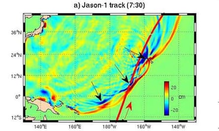 Graphics of the Japan tsunami produced by Nasa showing how two waves merged into one
