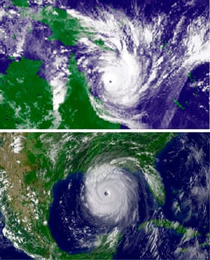 Cyclone Yasi preparations: Combo of satellite images shows Cyclone Yasi and Hurricane Katrina