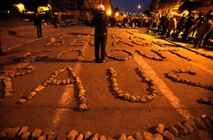 Egypt day 14: Stones placed by protesters in Tahrir Square