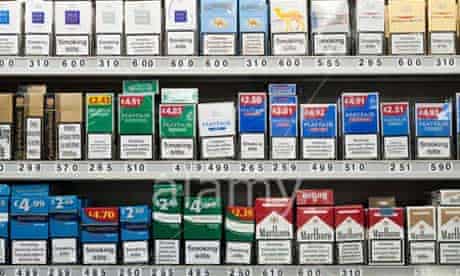 Cigarettes on display at an English tobacconists.