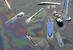 Japan tsunami rescue: Oil leaks from ships swept by a tsunami in Fudai Village, Iwate Prefecture