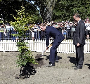 Prince William: Prince William plants a beech tree as the prime minister, John Key, watches at the memorial service in Christchurch