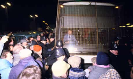 Flash point ... journalists are bussed through the picket line into the Wapping plant in 1986