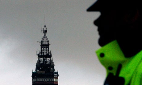 An officer patrols in Blackpool, where police received calls reporting a small earthquake