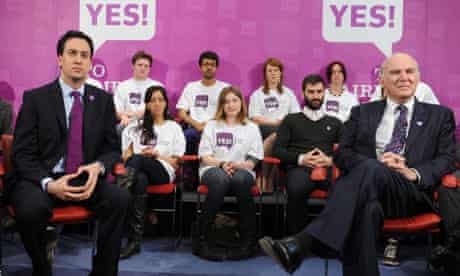Ed Miliband and Vince Cable at an event in London to promote the yes campaign.