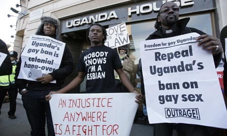 Demonstrators protest outside the Ugandan embassy