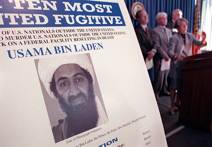 1999: An Osama bin Laden wanted poster at a US justice department press conference in New York Photograph: Doug Kanter/EPA