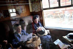 1940s re-enactment: Enthusiasts ride on an East Lancashire Railway period train 