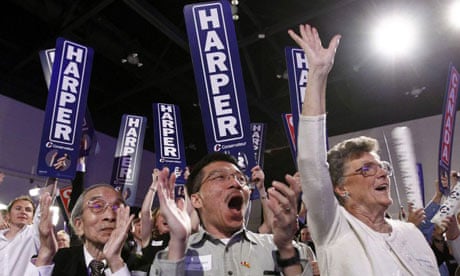 Canada's conservative party supporters cheer at election night