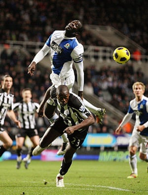 Top 50 transfer targets: Newcastle's Shola Ameobi is beaten in the air by Blackburn's Samba