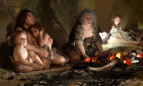 Neanderthal family in a cave (reconstruction)