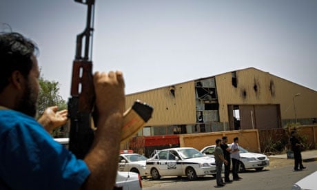 Libyan police and miltia guard hangar in Benghazi