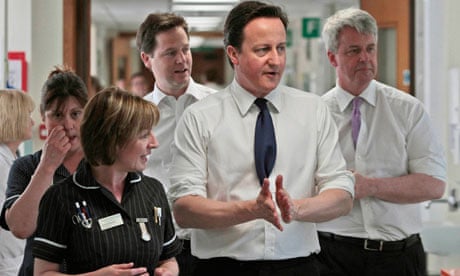 David Cameron, Nick Clegg and Andrew Lansley on a visit to Frimley Park Hospital in Surrey