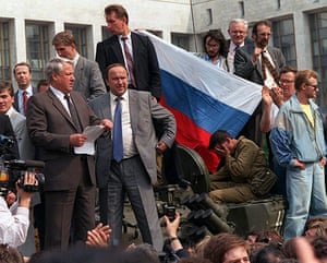 Moscow coup: Russian President Boris Yeltsin reads a statement during the coup, Moscow