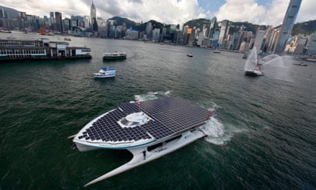 Solar powered vessel, 'MS Turanor Planetsolar' enters Victoria Harbour, Hong Kong, China