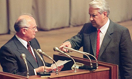 Boris Yeltsin (right) with Mikhail Gorbachev after the failure of the August 1991 coup