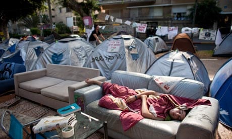 Tents at a camp set up in Tel Aviv calling for lower property prices in Israel