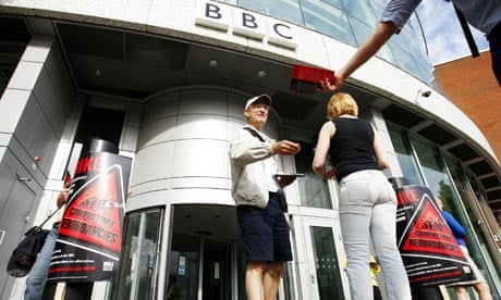 BBC journalists strike in protest at compulsory redundancies outside BBC Television Centre