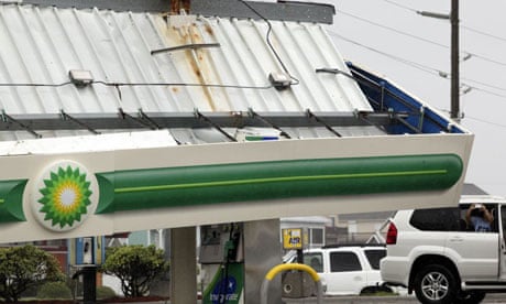 A fallen petrol station canopy hit by Hurricane Irene, at the Atlantic Food Mart in Surf City