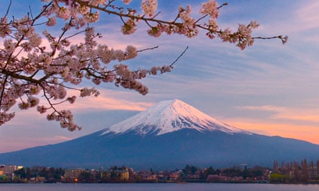 Mount Fuji and Kawaguchi Lake, with cherry blossom.