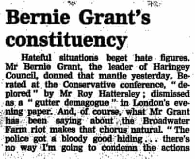 Leading article on Bernie Grant, 1985
