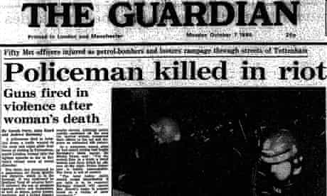 Guardian front page, October 7 1985, reporting the riots in Tottenham