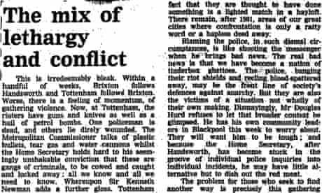 Guardian leading article, October 8th 1985, about Tottenham riots
