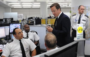 London riots day 4: David Cameron talks to officers from the London Fire Brigade, Lambeth