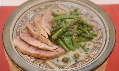 Poached leg of lamb with caper sauce