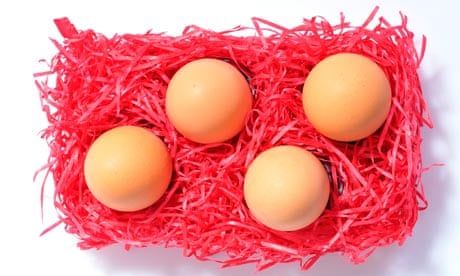 Brown eggs placed on red excelsior