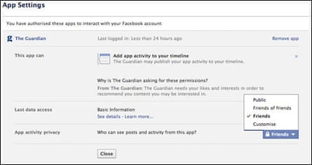 Application settings for the Guardian Facebook app